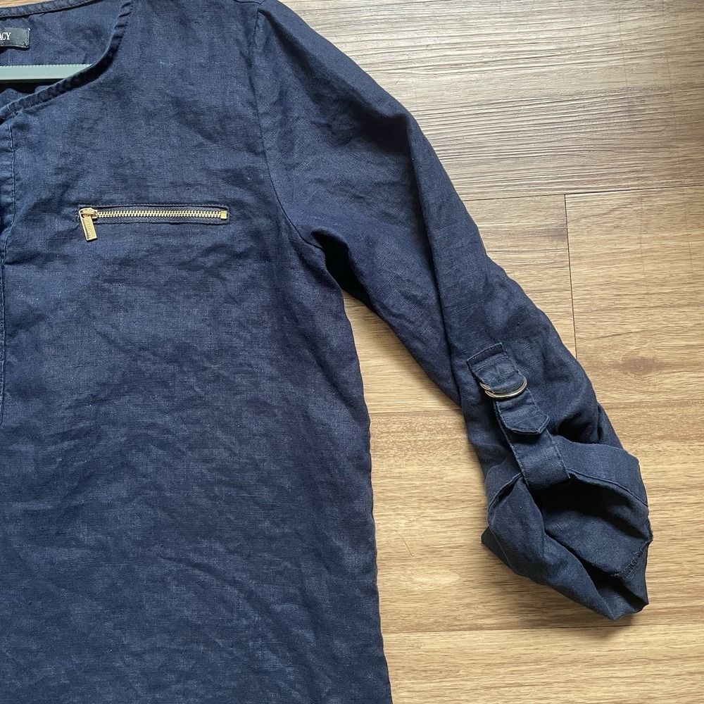 Ellen Tracy Linen Roll Tab Sleeve Navy Blue Women's Tunic Blouse Size L Coastal - Picture 8 of 10